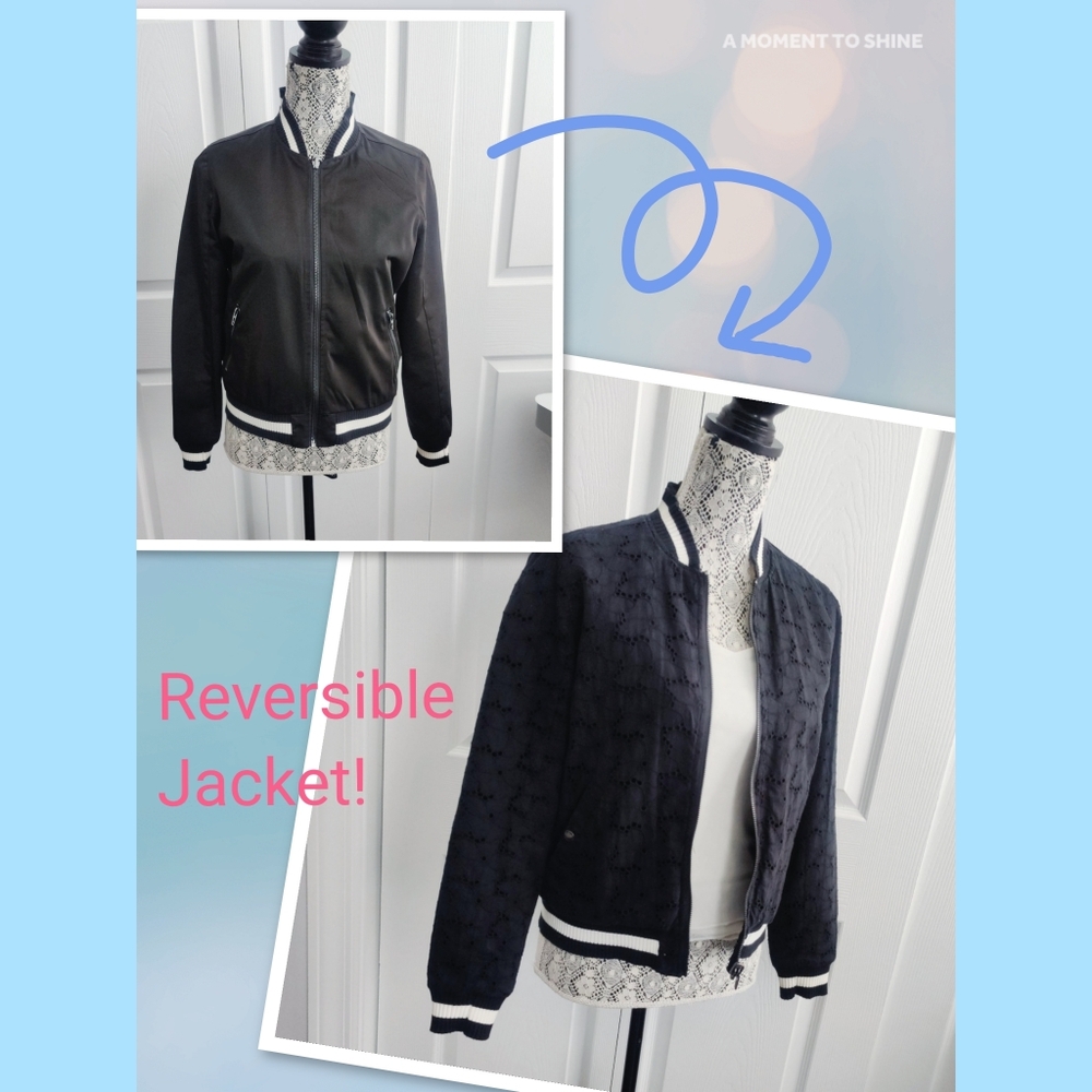 BlankNYC Reversible Bomber Jacket Black Satin & Eyelet Small